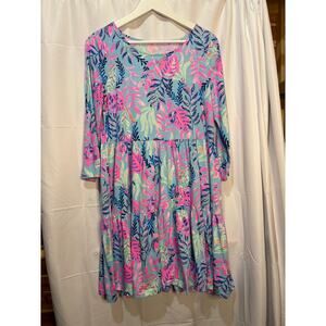 Lilly Pulitzer Blue Pink Floral Casual Cotton Dress Tiered Size Large